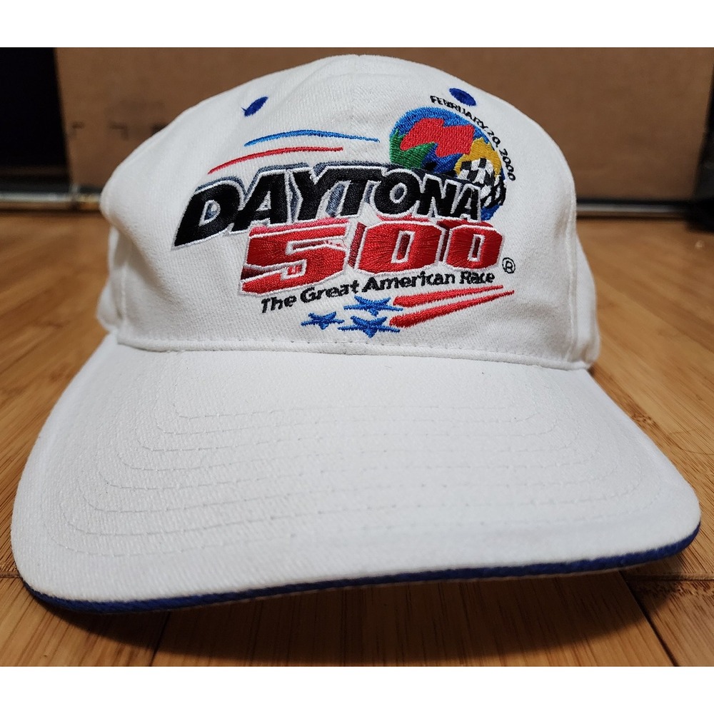 Vintage 2000 NASCAR Daytona 500 Hat Checkered Flag Racing Cap White Adjustable